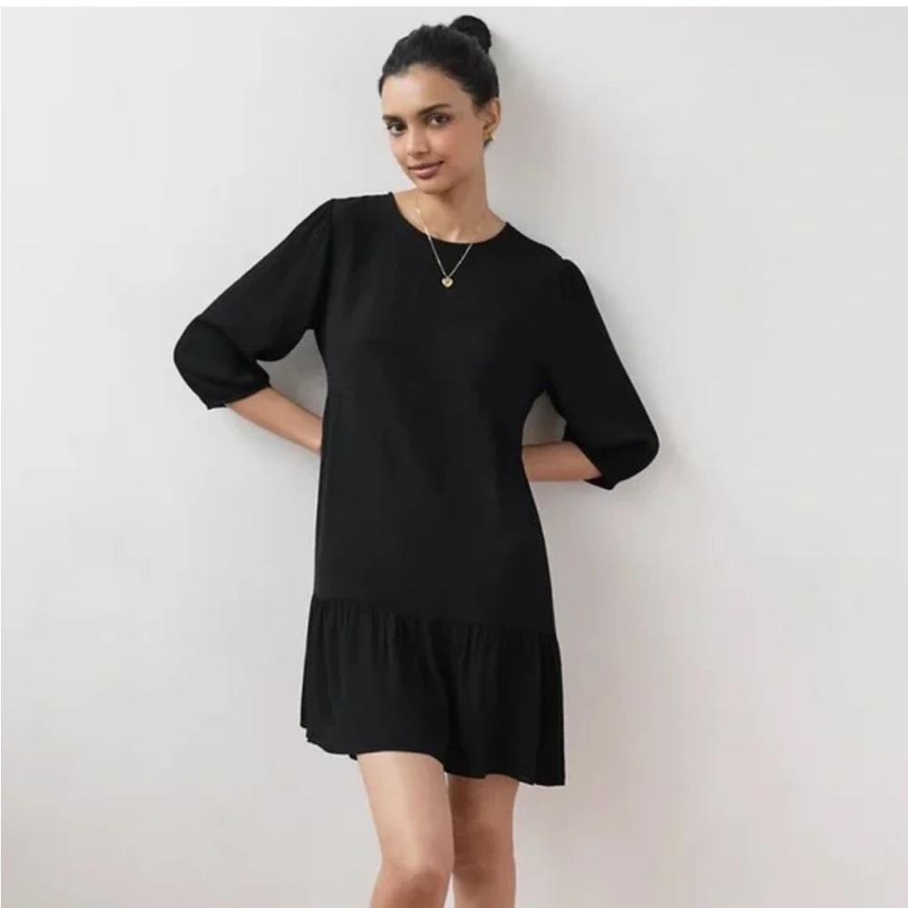 Wilfred Lambrusco Relax Trapeze Babydoll Black Viscose Dress Ruffle Long Sleeve